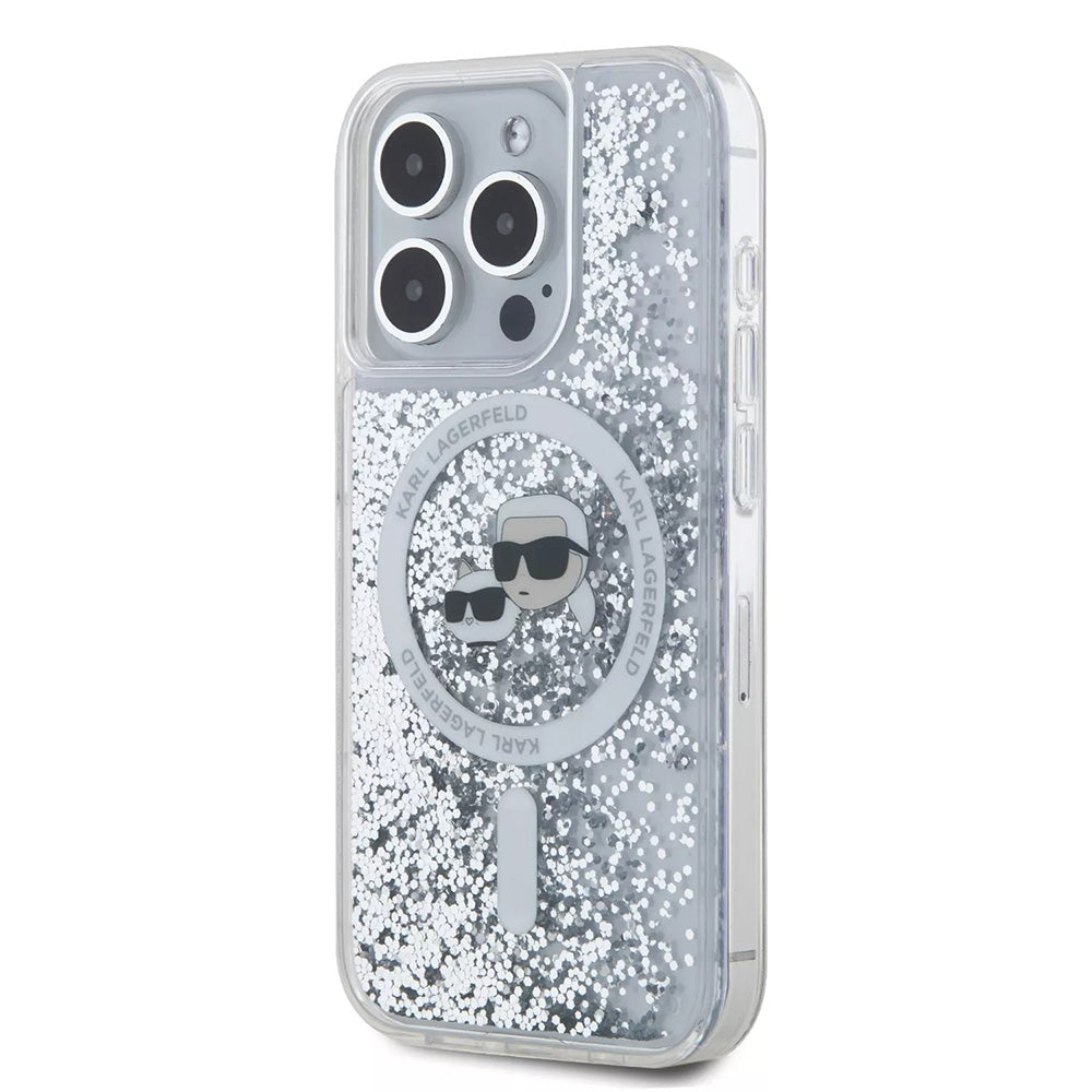 Capa MagSafe para Apple iPhone 15 Pro, Karl Lagerfeld, Liquid Glitter Karl & Choupette's Heads, Transparente