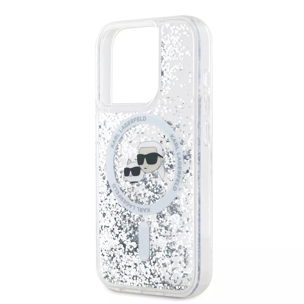 Capa MagSafe para Apple iPhone 15 Pro, Karl Lagerfeld, Liquid Glitter Karl & Choupette's Heads, Transparente