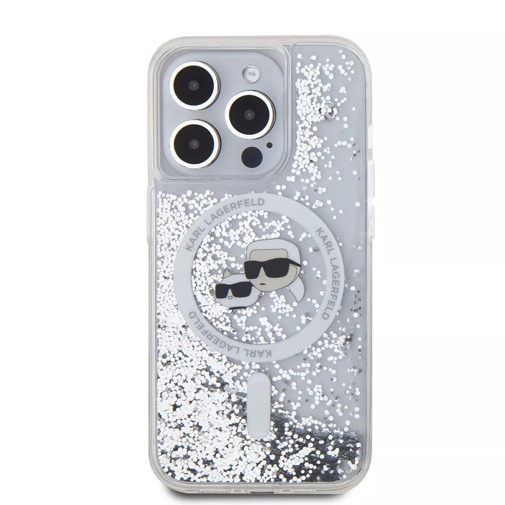 Capa MagSafe para Apple iPhone 15 Pro, Karl Lagerfeld, Liquid Glitter Karl & Choupette's Heads, Transparente