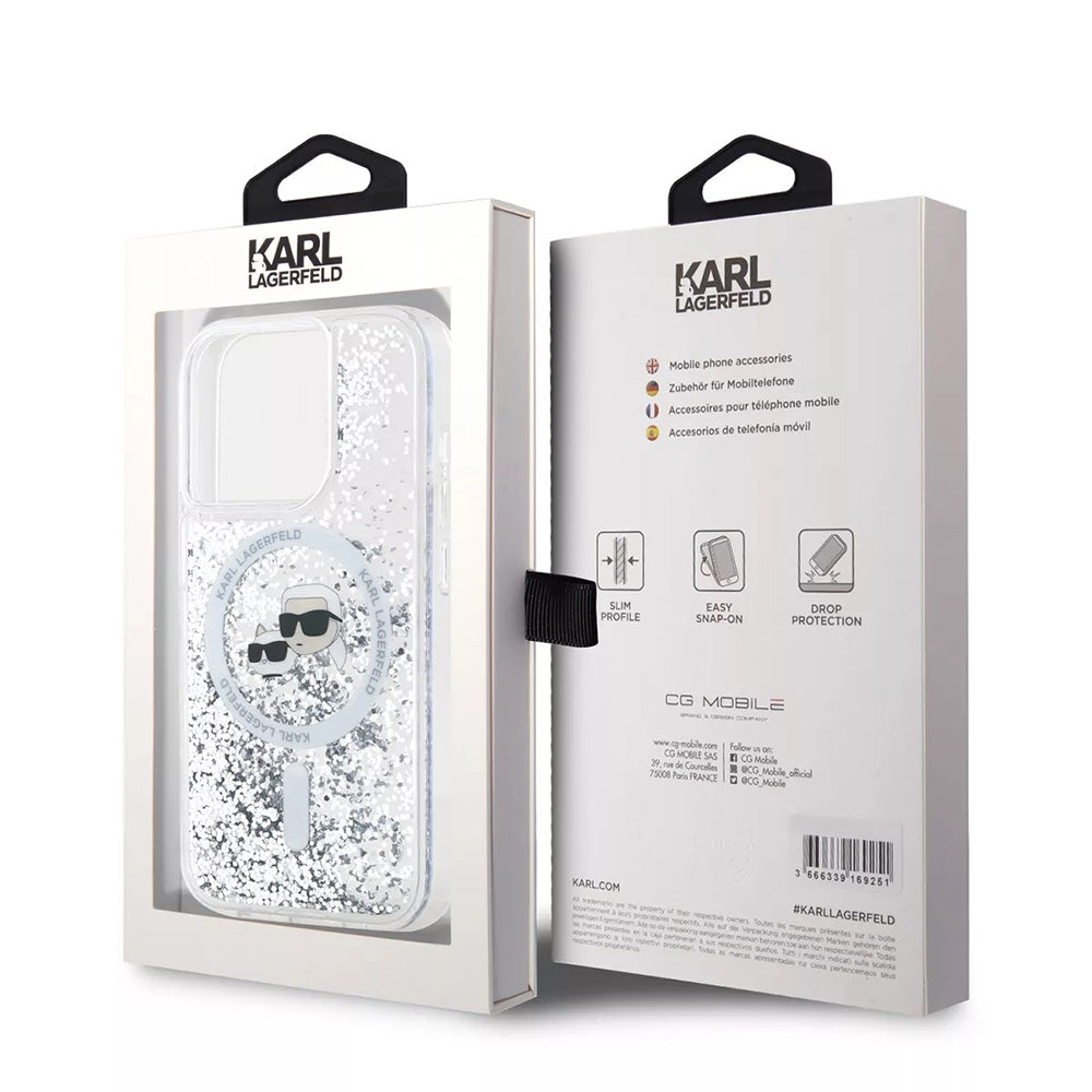 Capa MagSafe para Apple iPhone 15 Pro, Karl Lagerfeld, Liquid Glitter Karl & Choupette's Heads, Transparente