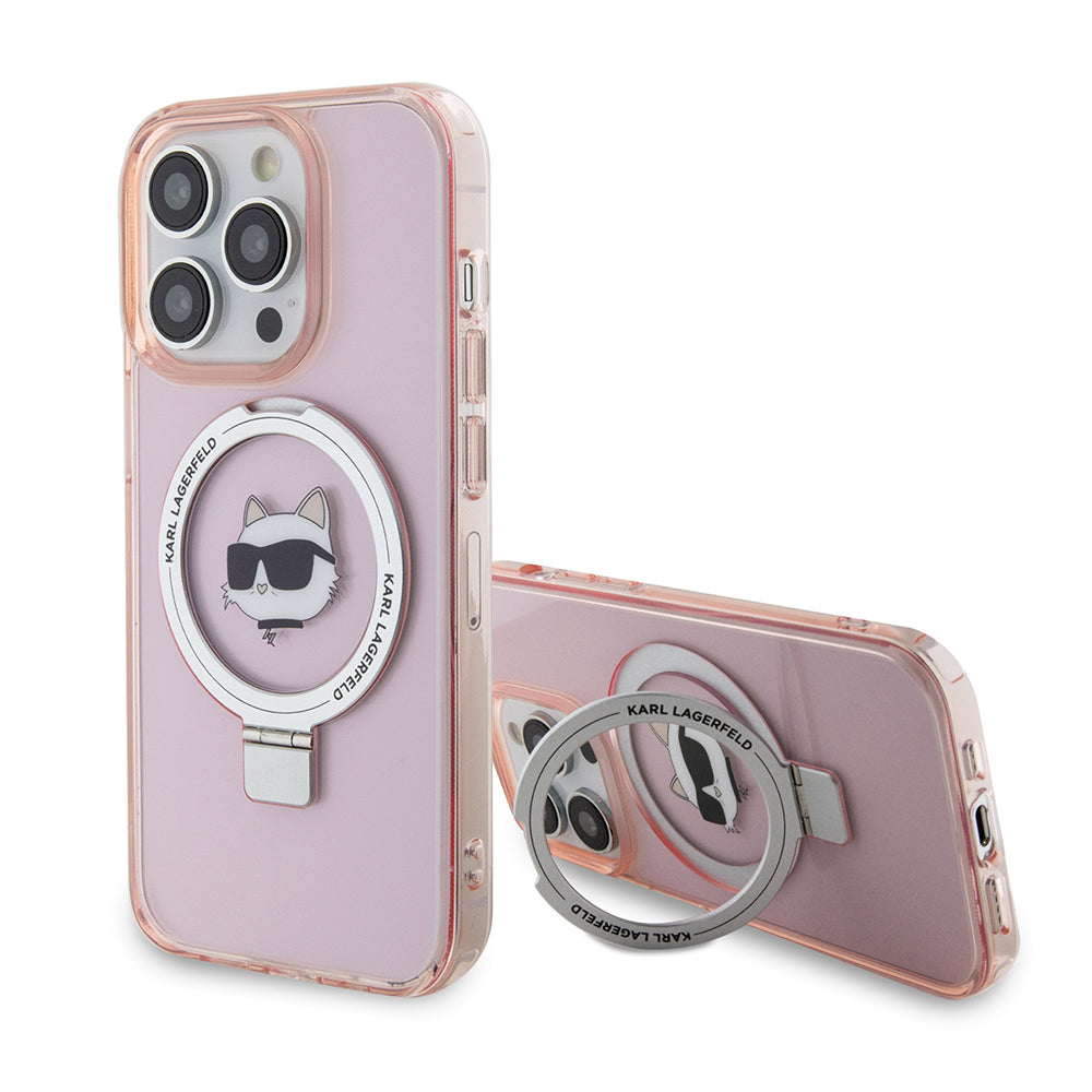 Capa MagSafe para Apple iPhone 15 Pro, Karl Lagerfeld, Ring Stand Choupette's Head, Rosa