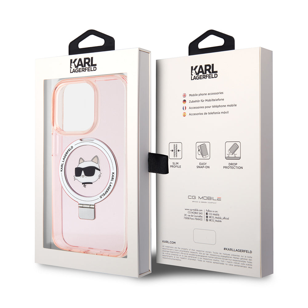 Capa MagSafe para Apple iPhone 15 Pro, Karl Lagerfeld, Ring Stand Choupette's Head, Rosa