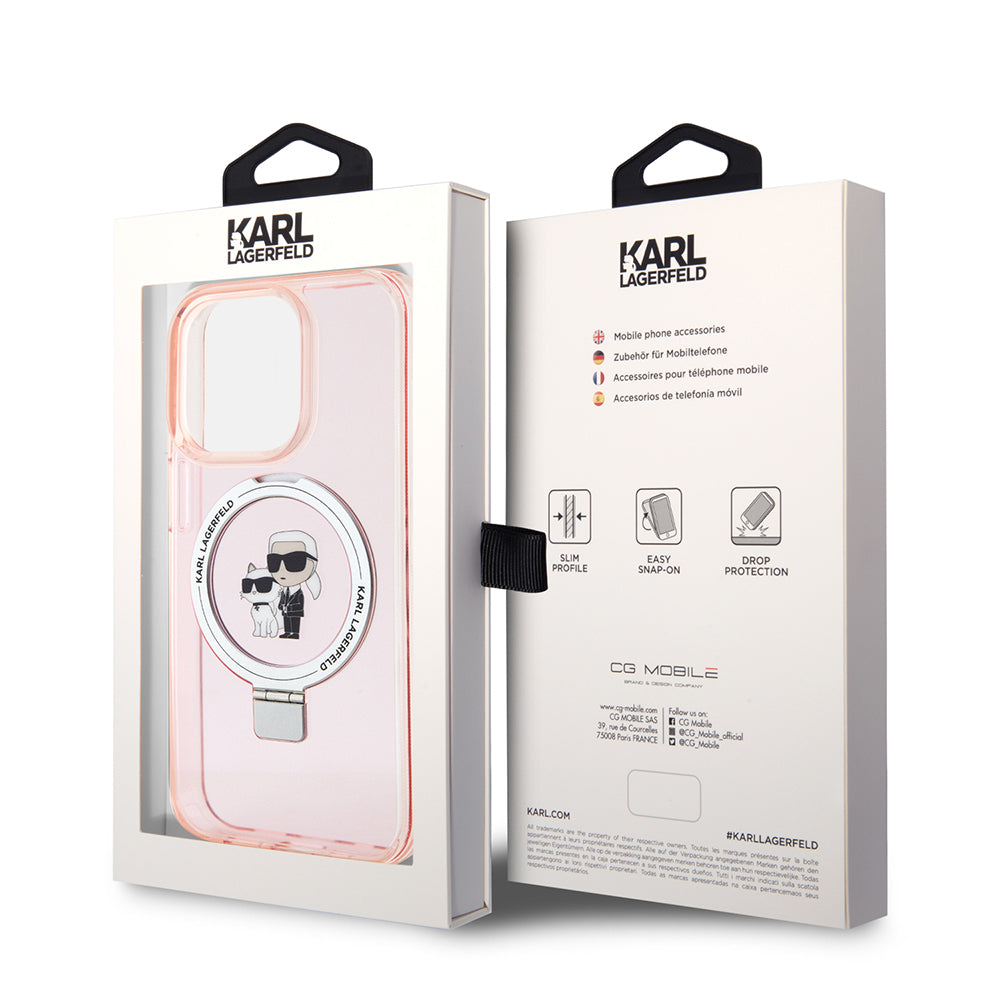 Capa MagSafe para Apple iPhone 15 Pro, Karl Lagerfeld, Ring Stand Karl & Choupette, Rosa
