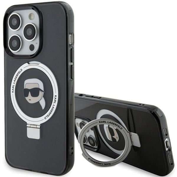 Capa MagSafe para Apple iPhone 15 Pro, Karl Lagerfeld, Suporte Anel Cabeça do Karl, Preta