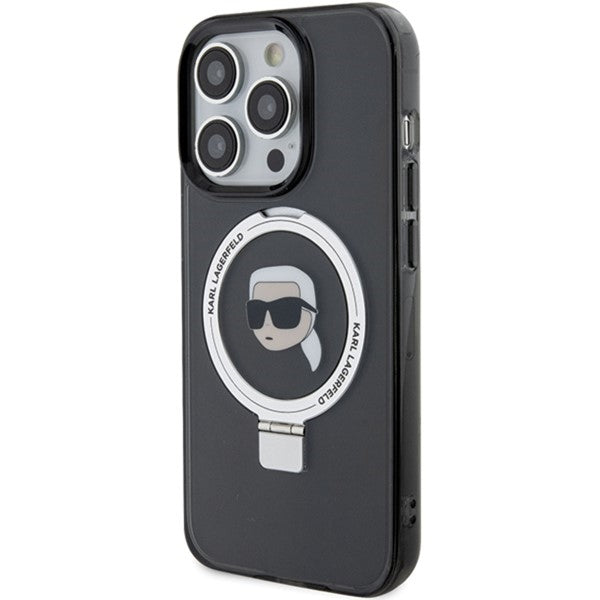 Capa MagSafe para Apple iPhone 15 Pro, Karl Lagerfeld, Suporte Anel Cabeça do Karl, Preta
