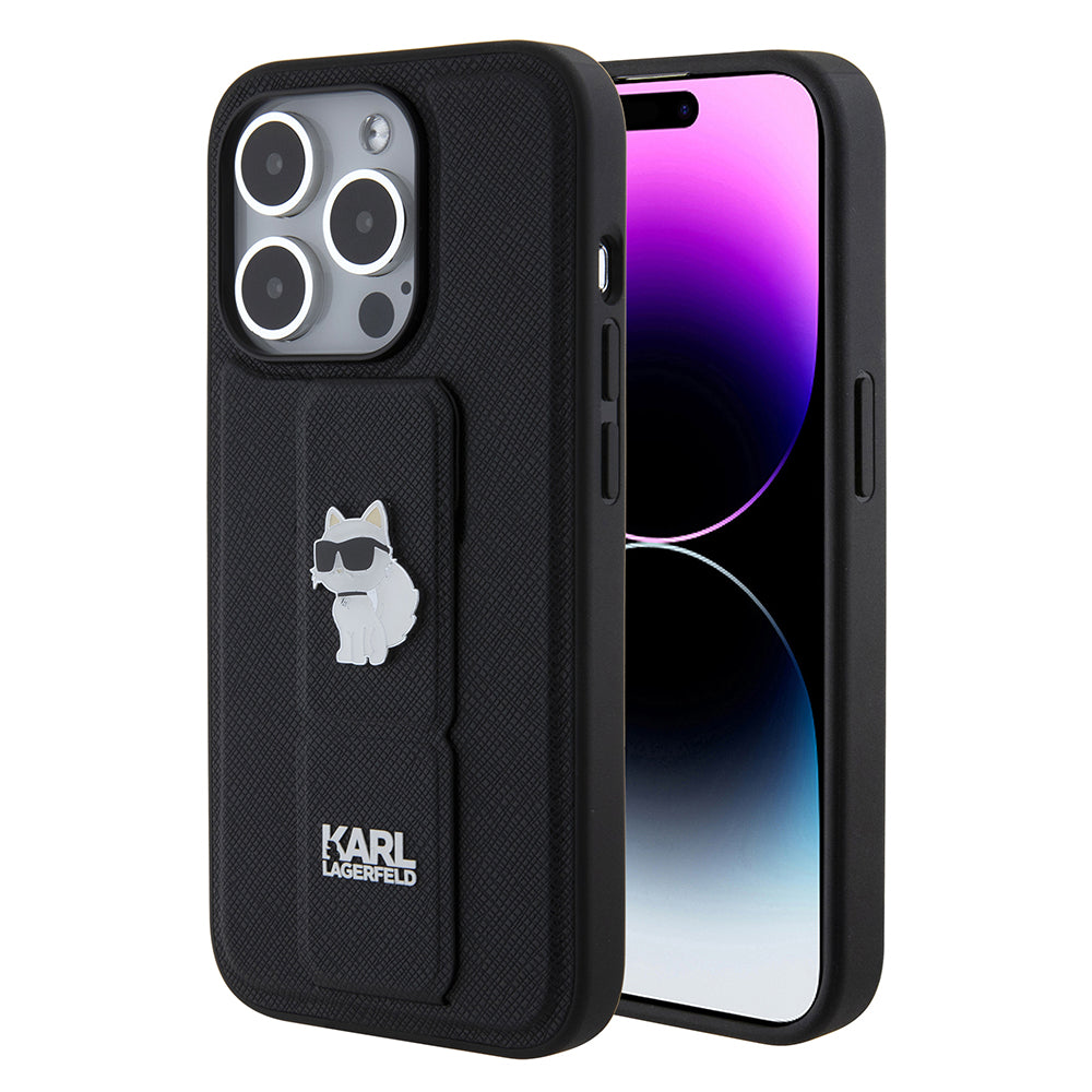 Capa MagSafe para Apple iPhone 15 Pro, Karl Lagerfeld, Saffiano Gripstand Choupette, Preta