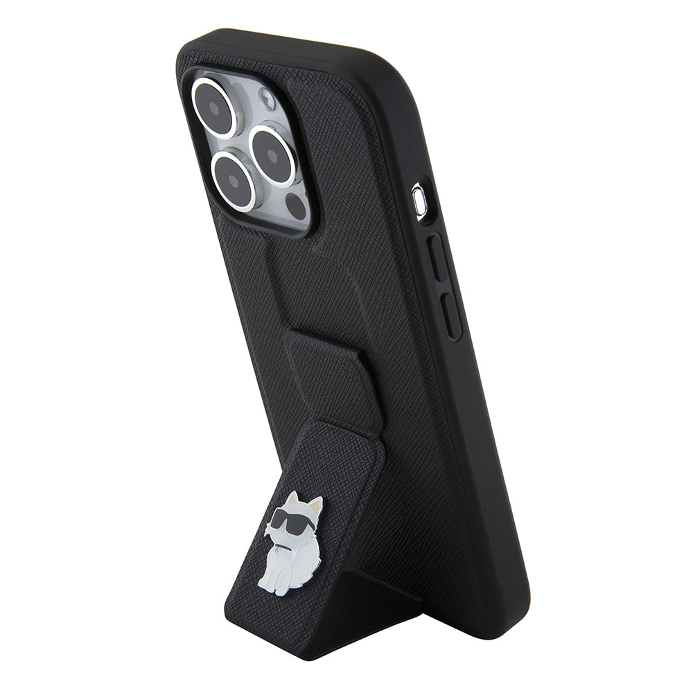 Capa MagSafe para Apple iPhone 15 Pro, Karl Lagerfeld, Saffiano Gripstand Choupette, Preta