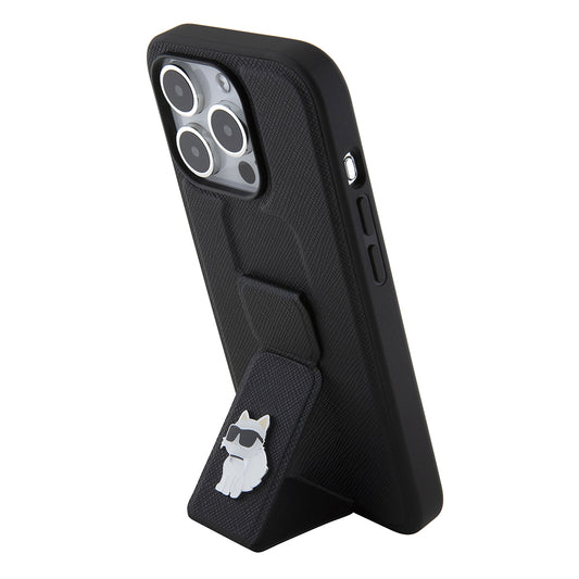 Capa MagSafe para Apple iPhone 15 Pro, Karl Lagerfeld, Saffiano Gripstand Choupette, Preta