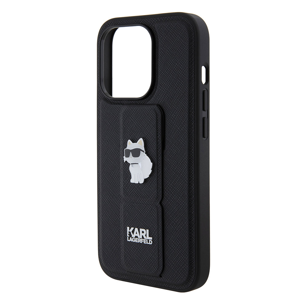 Capa MagSafe para Apple iPhone 15 Pro, Karl Lagerfeld, Saffiano Gripstand Choupette, Preta