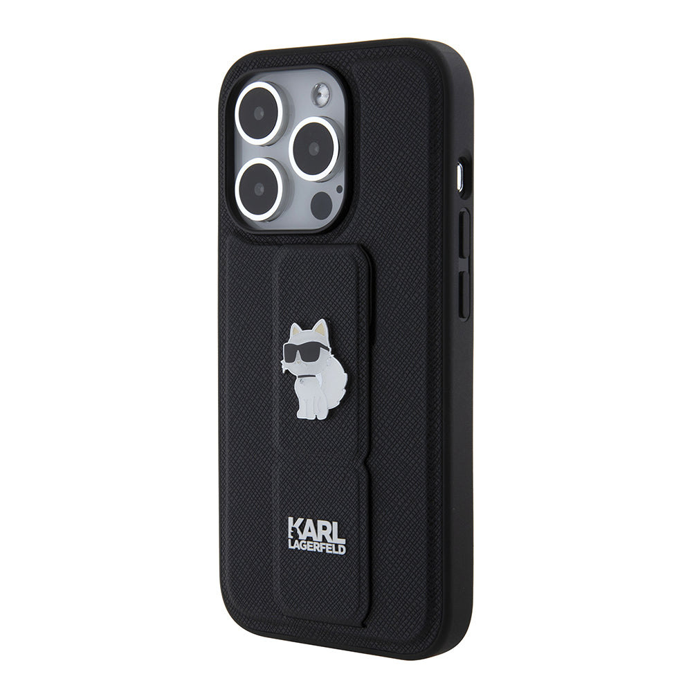 Capa MagSafe para Apple iPhone 15 Pro, Karl Lagerfeld, Saffiano Gripstand Choupette, Preta