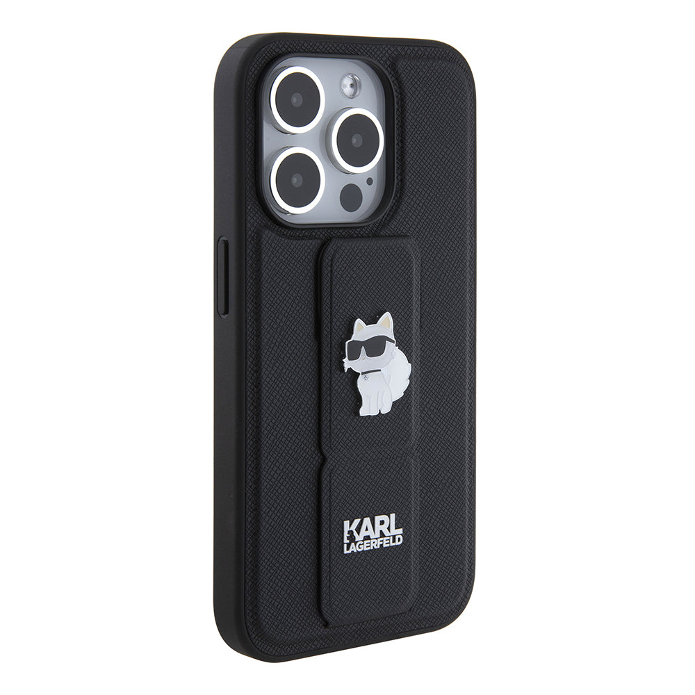 Capa MagSafe para Apple iPhone 15 Pro, Karl Lagerfeld, Saffiano Gripstand Choupette, Preta