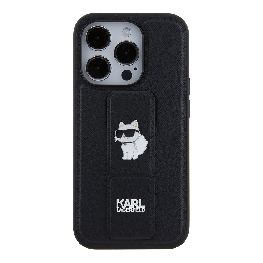 Capa MagSafe para Apple iPhone 15 Pro, Karl Lagerfeld, Saffiano Gripstand Choupette, Preta