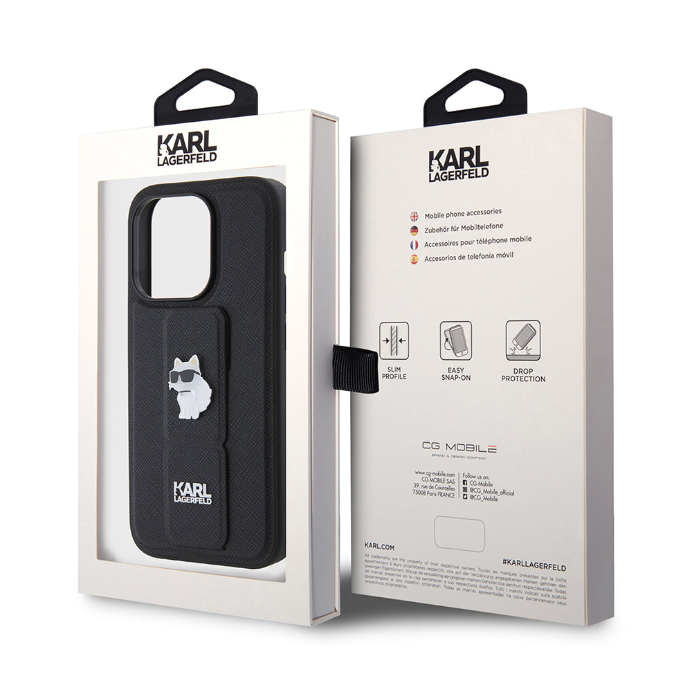 Capa MagSafe para Apple iPhone 15 Pro, Karl Lagerfeld, Saffiano Gripstand Choupette, Preta