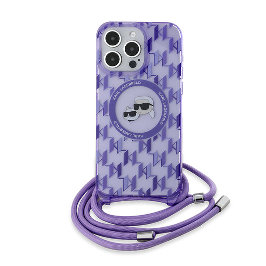 Capa MagSafe para Apple iPhone 15 Pro Max, Karl Lagerfeld, IML Crossbody Monogram Karl & Choupette's Heads, Roxo
