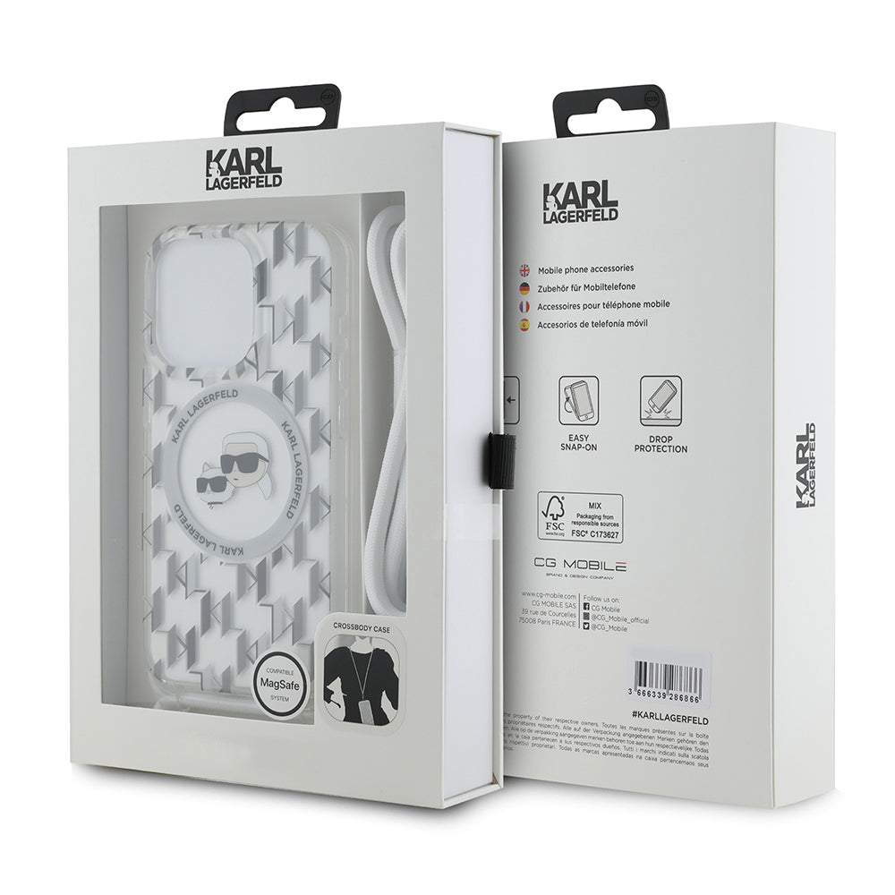 Capa MagSafe para Apple iPhone 15 Pro Max, Karl Lagerfeld, IML Crossbody Monogram Karl & Choupette's Heads, Transparente