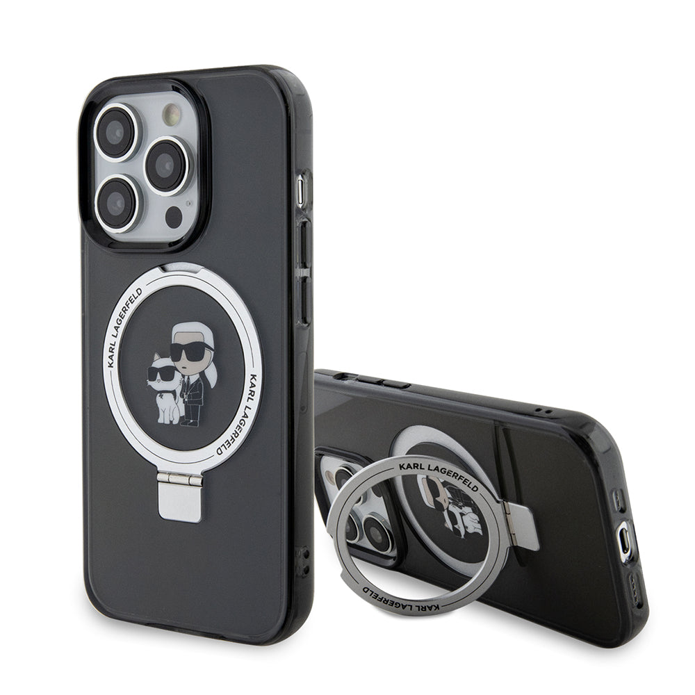 MagSafe Case for Apple iPhone 15 Pro Max, Karl Lagerfeld, Ring Stand Karl & Choupette, Black