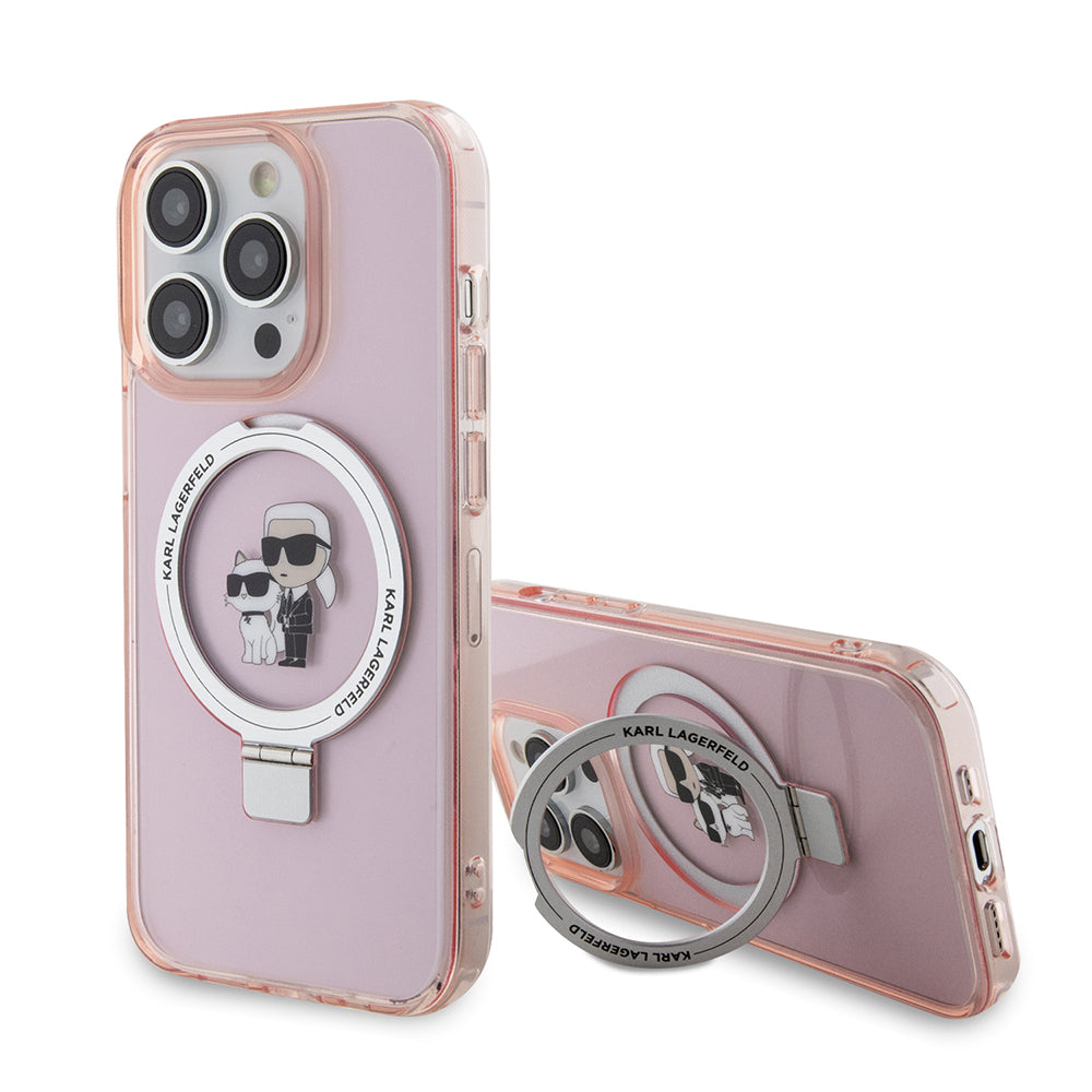 Capa MagSafe para Apple iPhone 15 Pro Max, Karl Lagerfeld, Ring Stand Karl & Choupette, Rosa