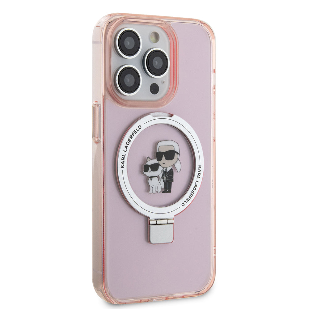 Capa MagSafe para Apple iPhone 15 Pro Max, Karl Lagerfeld, Ring Stand Karl & Choupette, Rosa