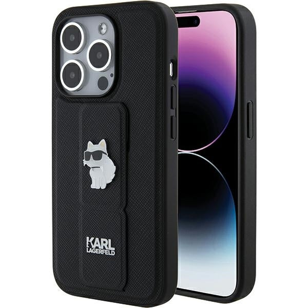 Capa MagSafe para Apple iPhone 15 Pro Max, Karl Lagerfeld, Saffiano Gripstand Choupette, Preta