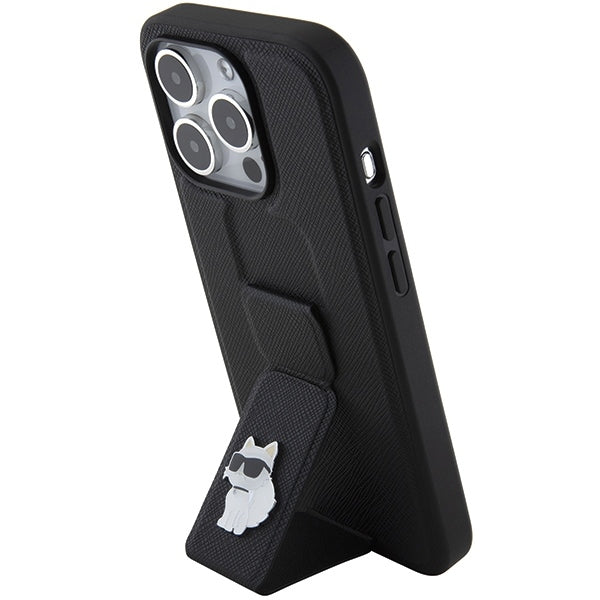 Capa MagSafe para Apple iPhone 15 Pro Max, Karl Lagerfeld, Saffiano Gripstand Choupette, Preta