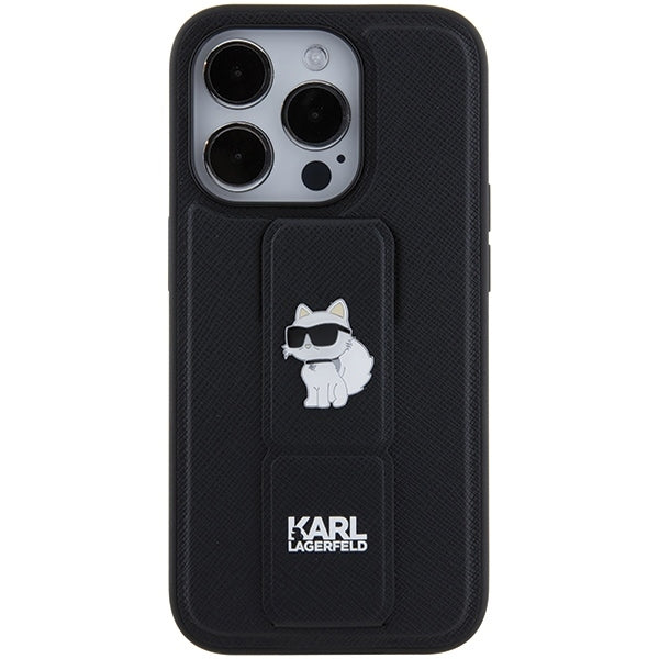 Capa MagSafe para Apple iPhone 15 Pro Max, Karl Lagerfeld, Saffiano Gripstand Choupette, Preta