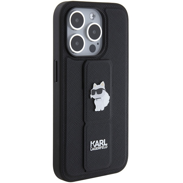 Capa MagSafe para Apple iPhone 15 Pro Max, Karl Lagerfeld, Saffiano Gripstand Choupette, Preta