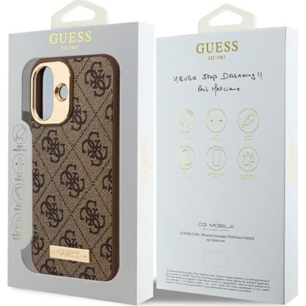 Capa MagSafe para Apple iPhone 16, Guess, 4G Logo Plate, Marrom