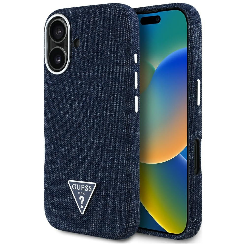 Capa MagSafe para Apple iPhone 16, Guess, Logotipo Triângulo Denim, Azul