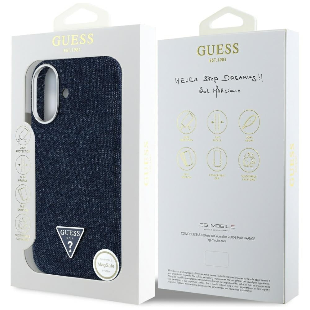 Capa MagSafe para Apple iPhone 16, Guess, Logotipo Triângulo Denim, Azul