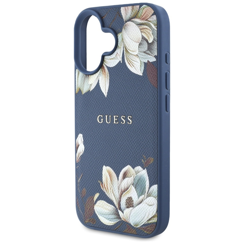Capa MagSafe para Apple iPhone 16, Guess, Grained Flowers, Azul