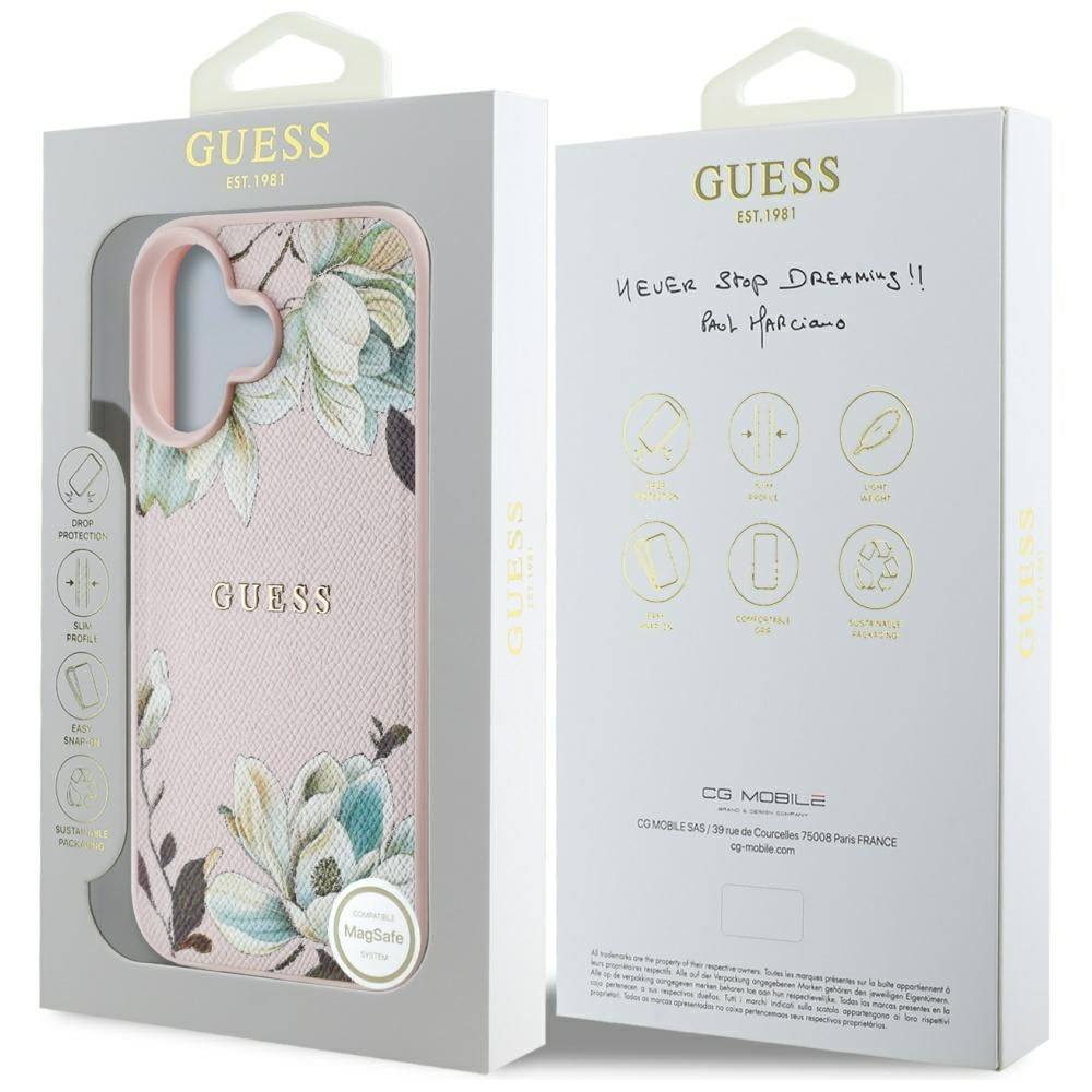 Capa MagSafe para Apple iPhone 16, Guess, Grained Flowers, Rosa
