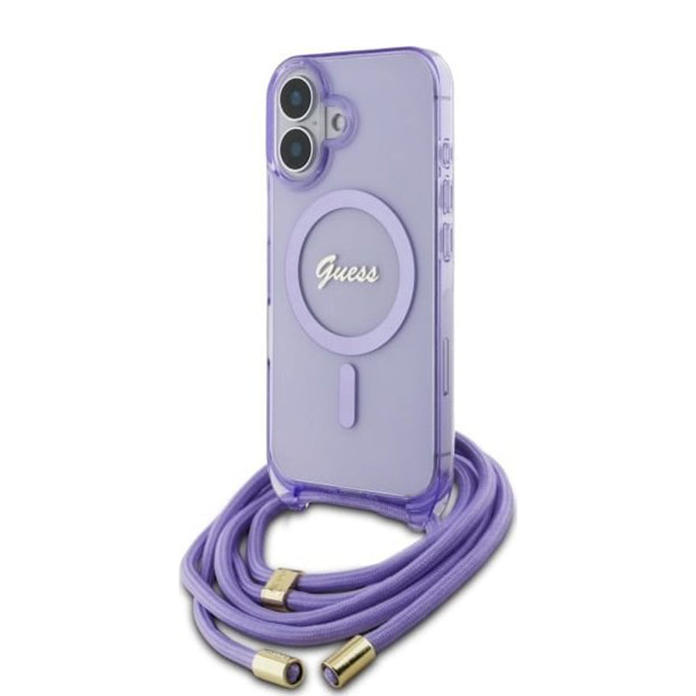 Capa MagSafe para Apple iPhone 16, Guess, IML Crossbody Cord Script, Roxo