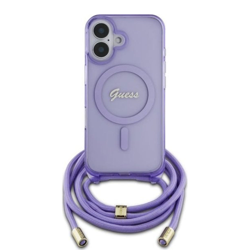Capa MagSafe para Apple iPhone 16, Guess, IML Crossbody Cord Script, Roxo
