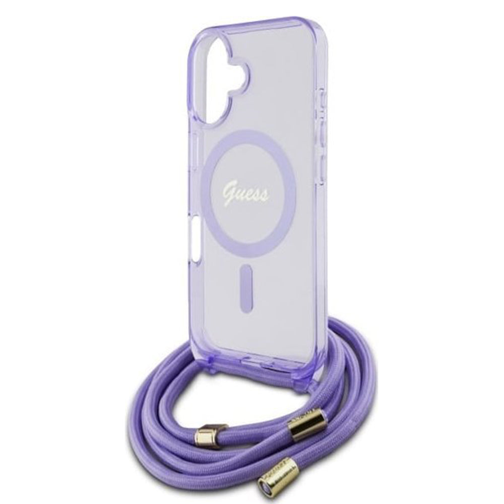 Capa MagSafe para Apple iPhone 16, Guess, IML Crossbody Cord Script, Roxo