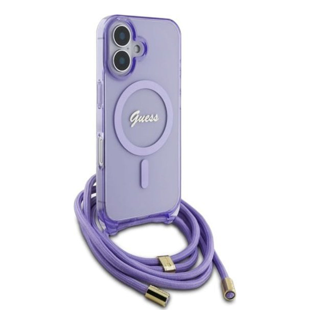 Capa MagSafe para Apple iPhone 16, Guess, IML Crossbody Cord Script, Rosa