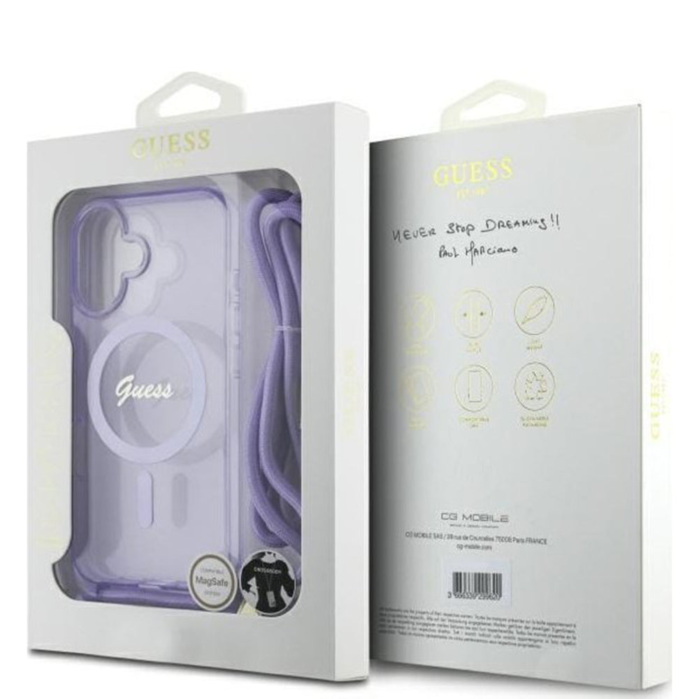 Capa MagSafe para Apple iPhone 16, Guess, IML Crossbody Cord Script, Rosa
