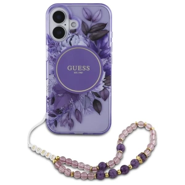 Capa MagSafe para Apple iPhone 16, Guess, IML Flowers with Pearl Strap, Roxo