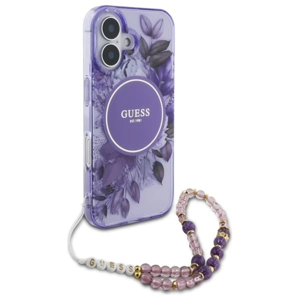 Capa MagSafe para Apple iPhone 16, Guess, IML Flowers with Pearl Strap, Roxo