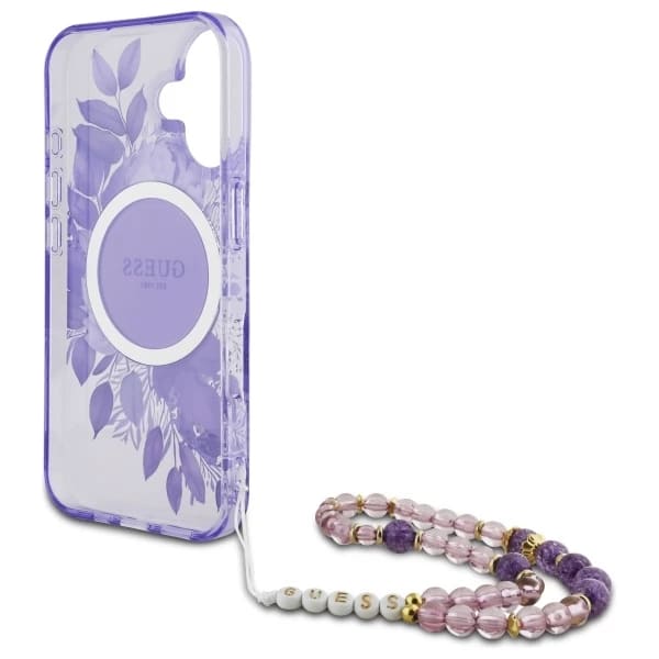 Capa MagSafe para Apple iPhone 16, Guess, IML Flowers with Pearl Strap, Roxo