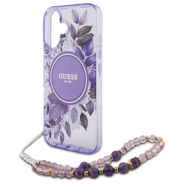 Capa MagSafe para Apple iPhone 16, Guess, IML Flowers with Pearl Strap, Roxo