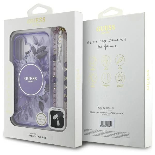 Capa MagSafe para Apple iPhone 16, Guess, IML Flowers with Pearl Strap, Roxo