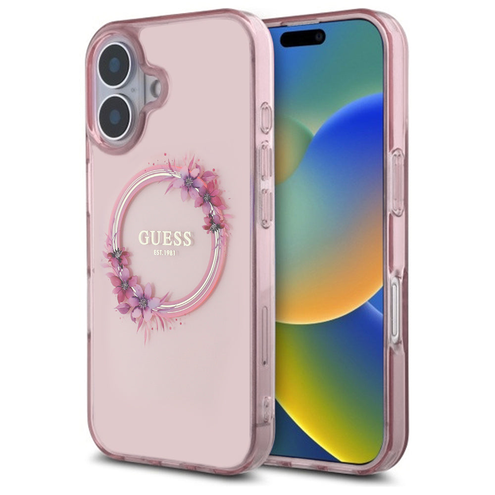 Capa MagSafe para Apple iPhone 16, Guess, IML Flowers Wreath, Rosa