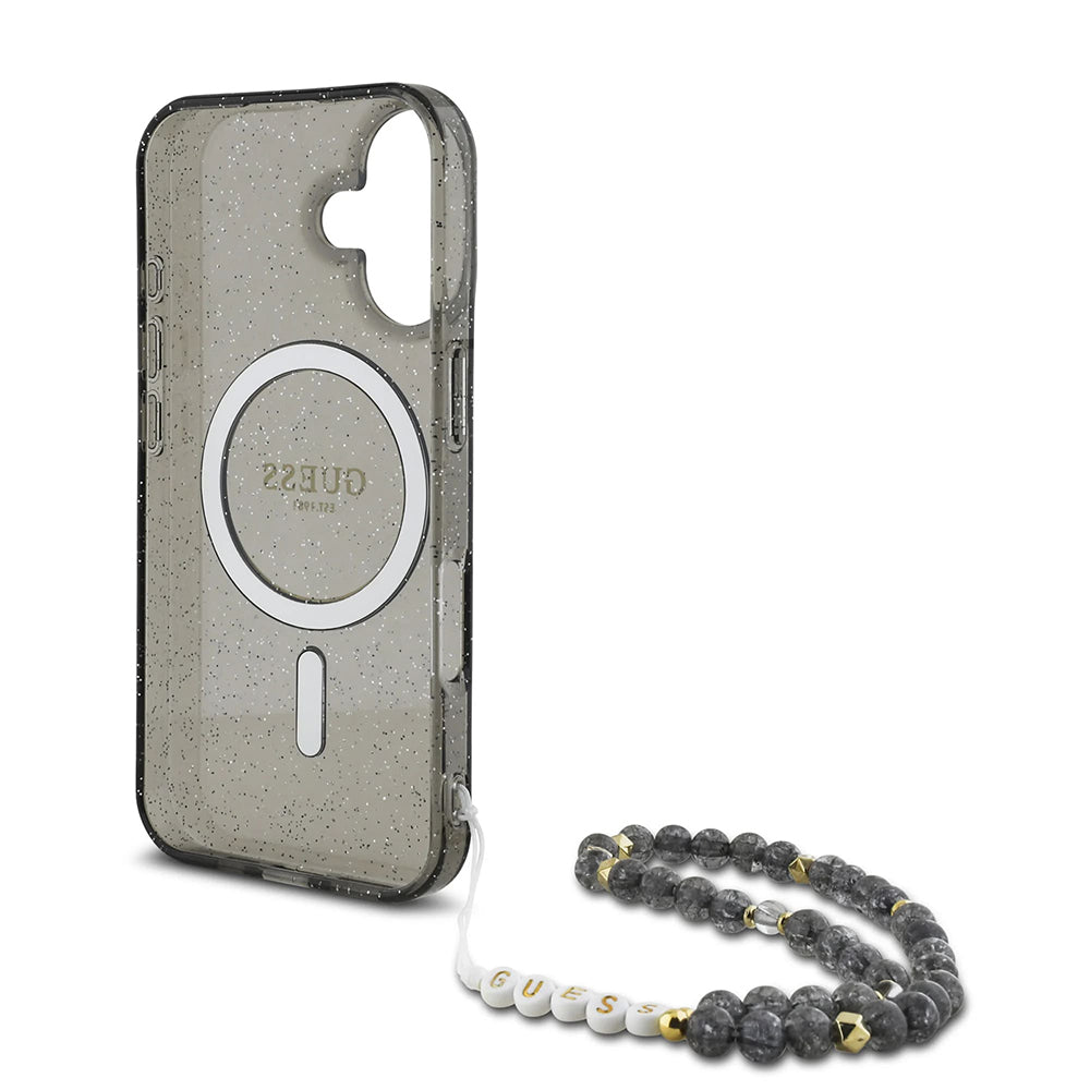 Capa MagSafe para Apple iPhone 16, Guess, IML Glitter com Alça de Pérola, Preta