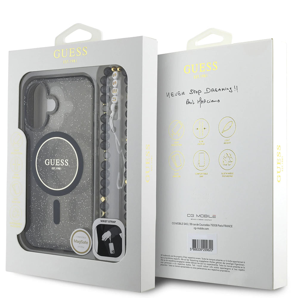 Capa MagSafe para Apple iPhone 16, Guess, IML Glitter com Alça de Pérola, Preta