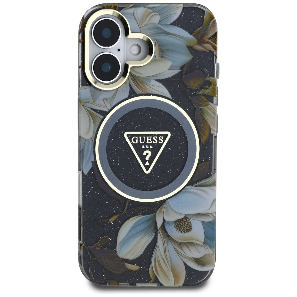 Capa MagSafe para Apple iPhone 16, Guess, IML Metal Glitter Flowers Triangle, Preta