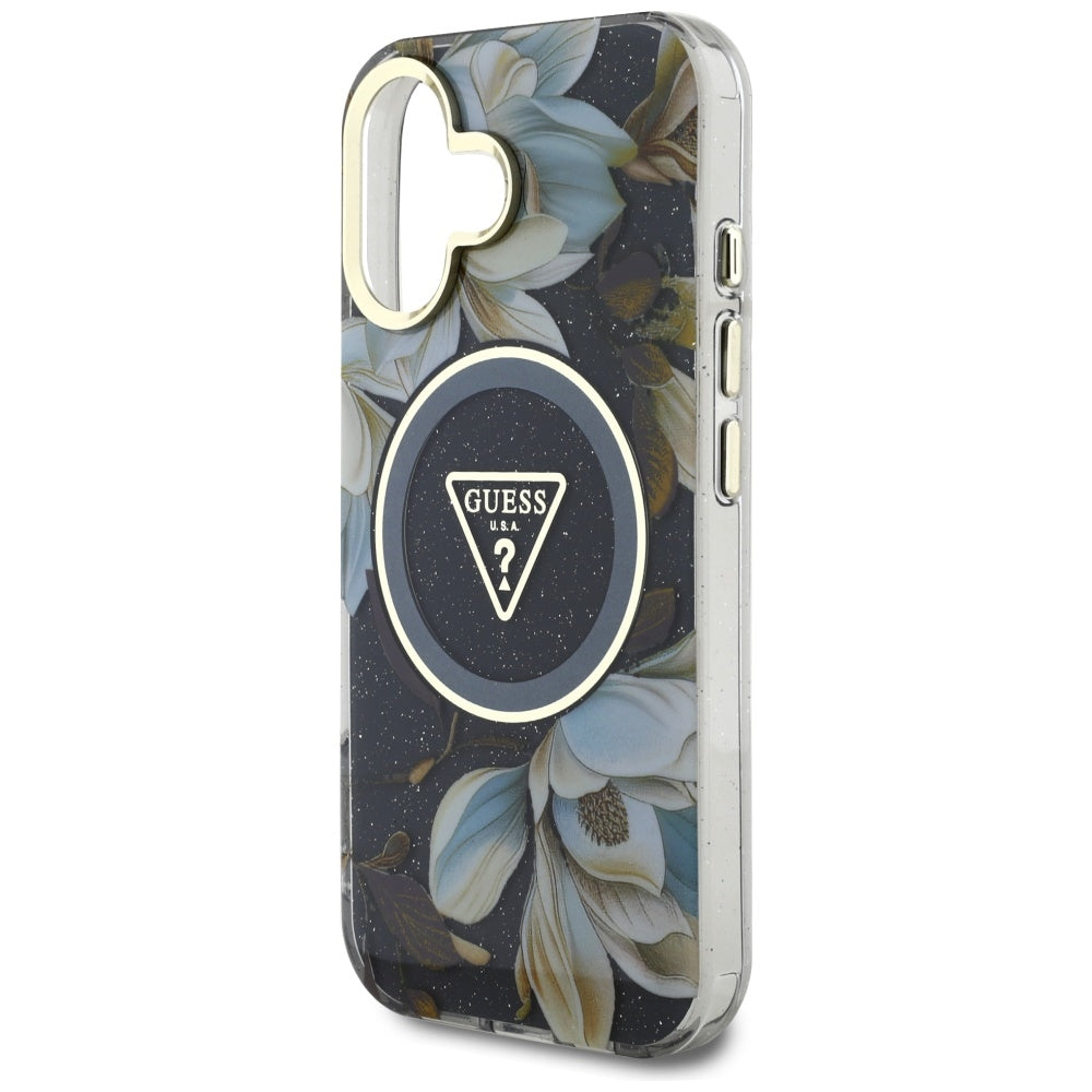 Capa MagSafe para Apple iPhone 16, Guess, IML Metal Glitter Flowers Triangle, Preta