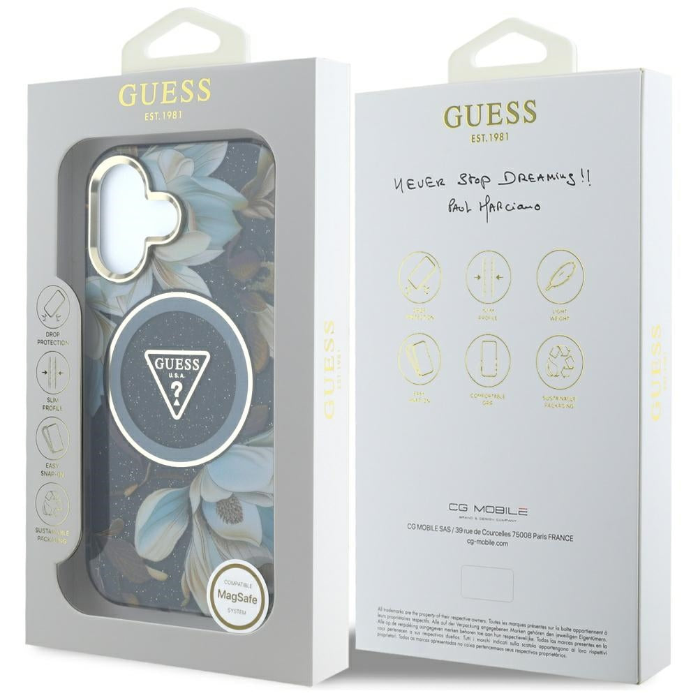 Capa MagSafe para Apple iPhone 16, Guess, IML Metal Glitter Flowers Triangle, Preta