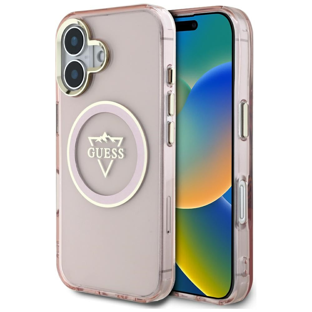 Capa MagSafe para Apple iPhone 16, Guess, IML Metal Mountain Logo, Rosa