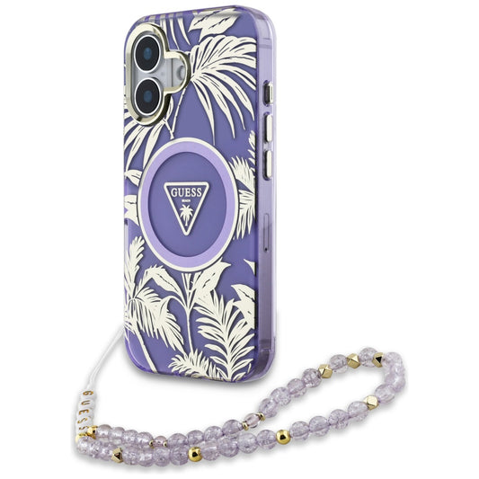 Capa MagSafe para Apple iPhone 16, Guess, IML Palm Trees Triangle com Alça de Pérola, Roxo