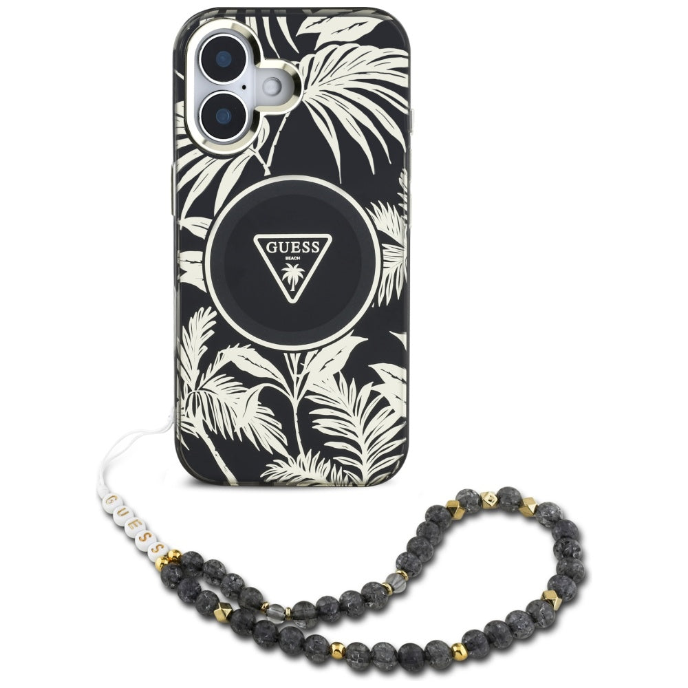 Capa MagSafe para Apple iPhone 16, Guess, IML Palm Trees Triangle com Alça de Pérola, Preta